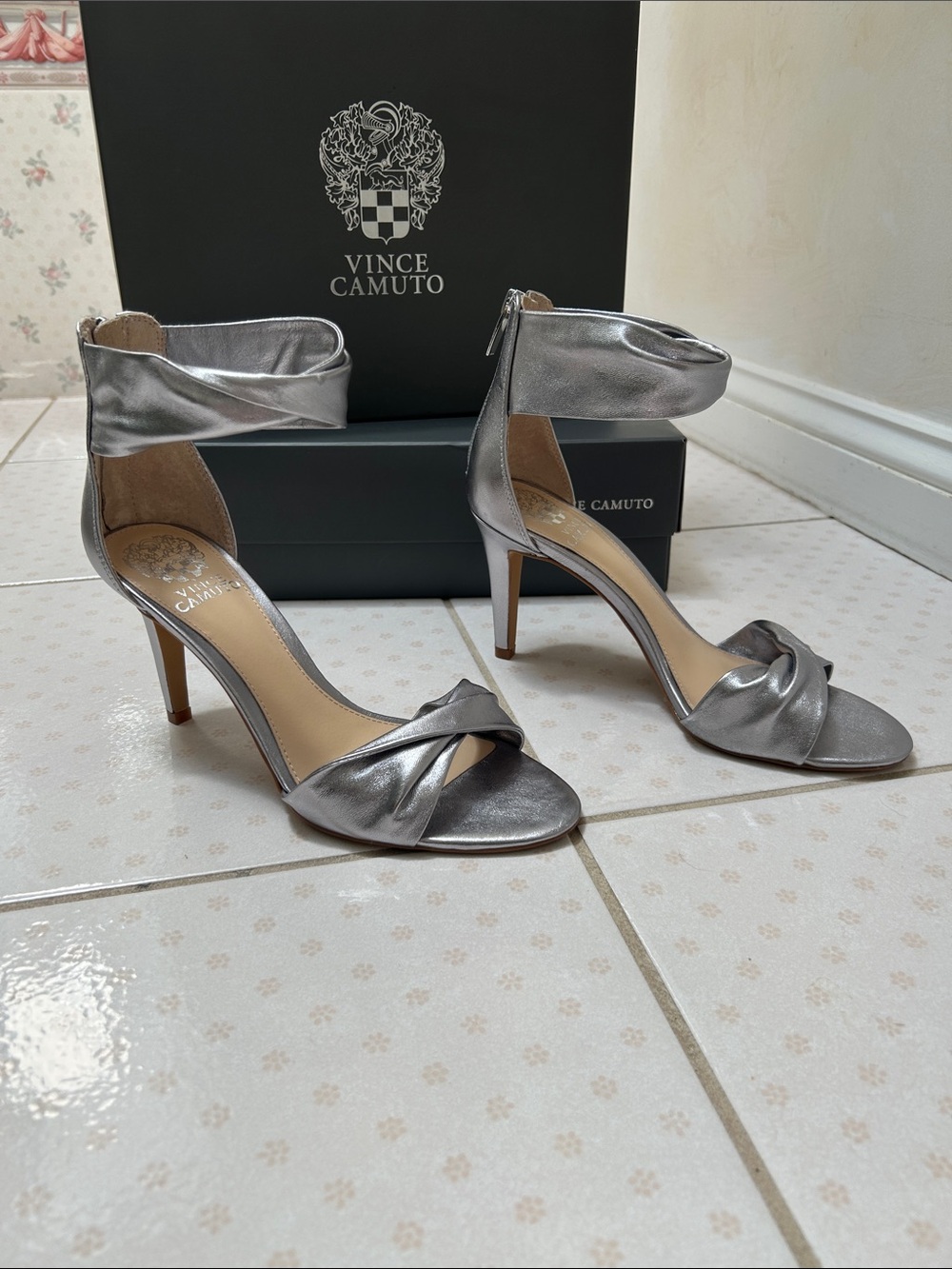 Vince Camuto Metallic Silver Twisted Ankle-Strap Stilettos